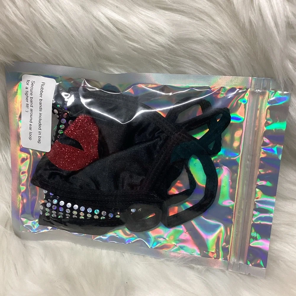 Three Cotton Face Masks w/ Ear Loops, Black w/ White Stars, Black w/ Rhinestones